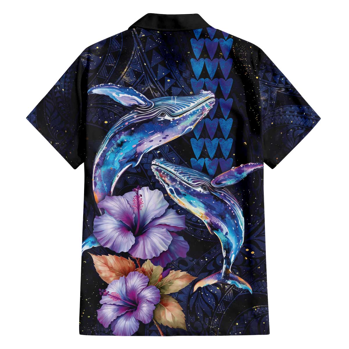 Hawaiian Whales Love Couple Family Matching Off The Shoulder Long Sleeve Dress and Hawaiian Shirt Hibiscus and Kakau Art Tattoo Night Sky Vibe