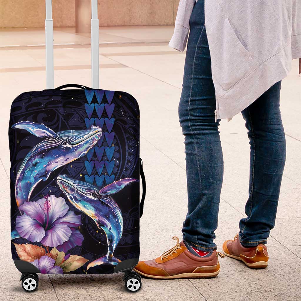 Hawaiian Whales Love Couple Luggage Cover Hibiscus and Kakau Art Tattoo Night Sky Vibe