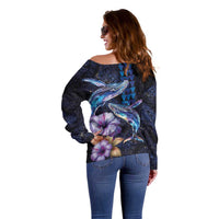 Hawaiian Whales Love Couple Off Shoulder Sweater Hibiscus and Kakau Art Tattoo Night Sky Vibe