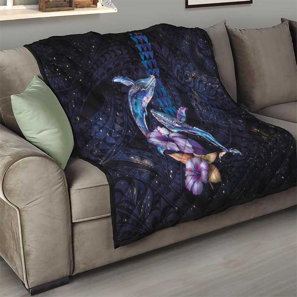 Hawaiian Whales Love Couple Quilt Hibiscus and Kakau Art Tattoo Night Sky Vibe