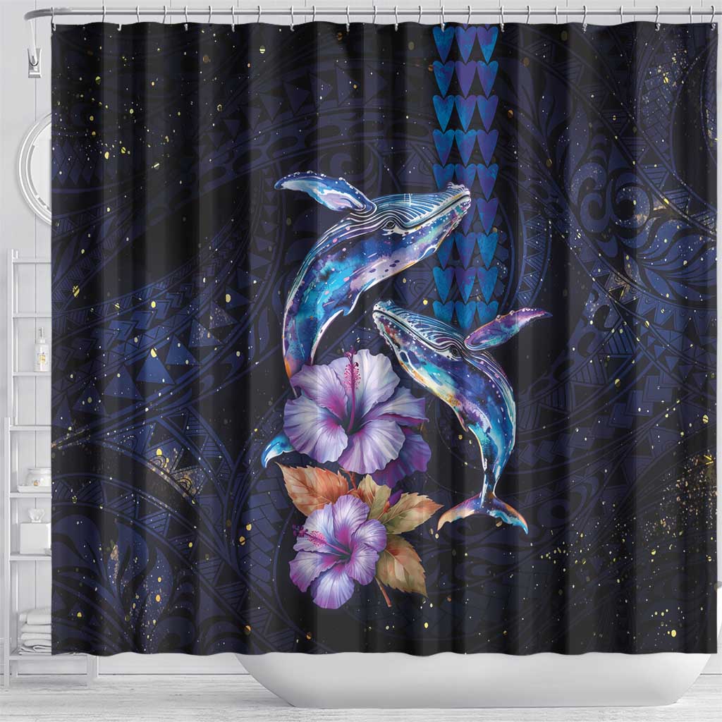 Hawaiian Whales Love Couple Shower Curtain Hibiscus and Kakau Art Tattoo Night Sky Vibe
