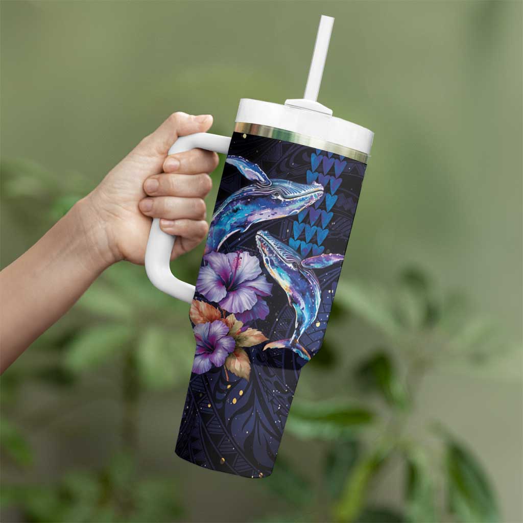 Hawaiian Whales Love Couple Tumbler With Handle Hibiscus and Kakau Art Tattoo Night Sky Vibe