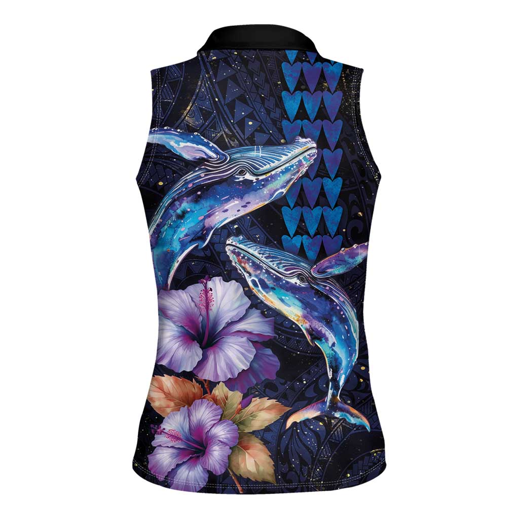 Hawaiian Whales Love Couple Women Sleeveless Polo Shirt Hibiscus and Kakau Art Tattoo Night Sky Vibe