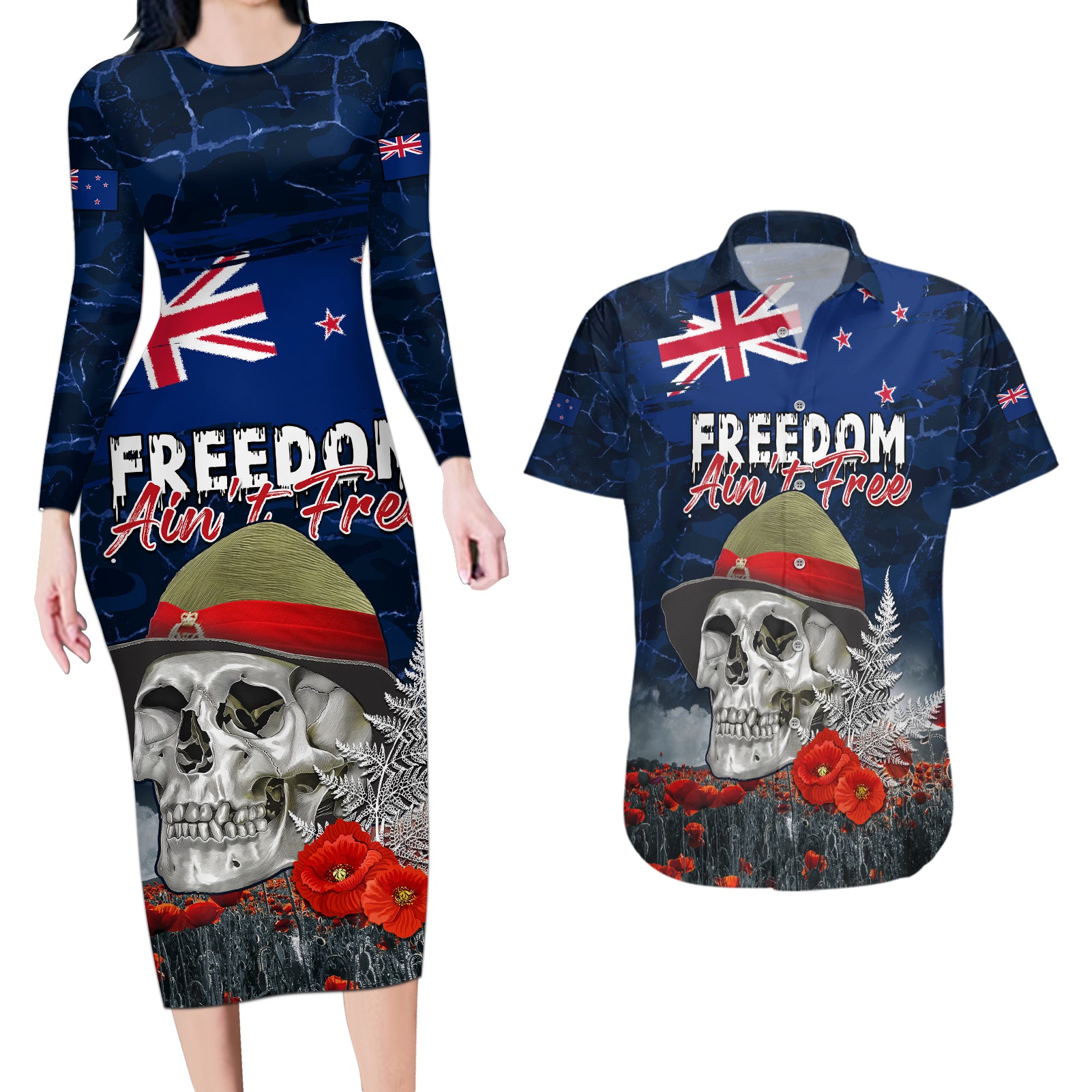 New Zealand ANZAC Day Couples Matching Long Sleeve Bodycon Dress and Hawaiian Shirt Freedom Ain't Free LT05 Blue - Polynesian Pride