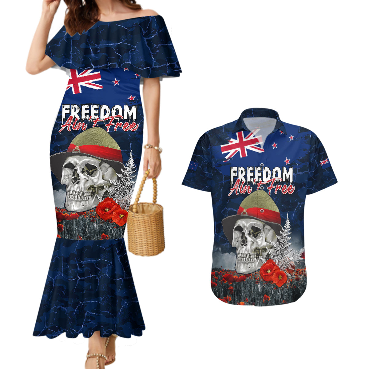 New Zealand ANZAC Day Couples Matching Mermaid Dress and Hawaiian Shirt Freedom Ain't Free LT05 Blue - Polynesian Pride