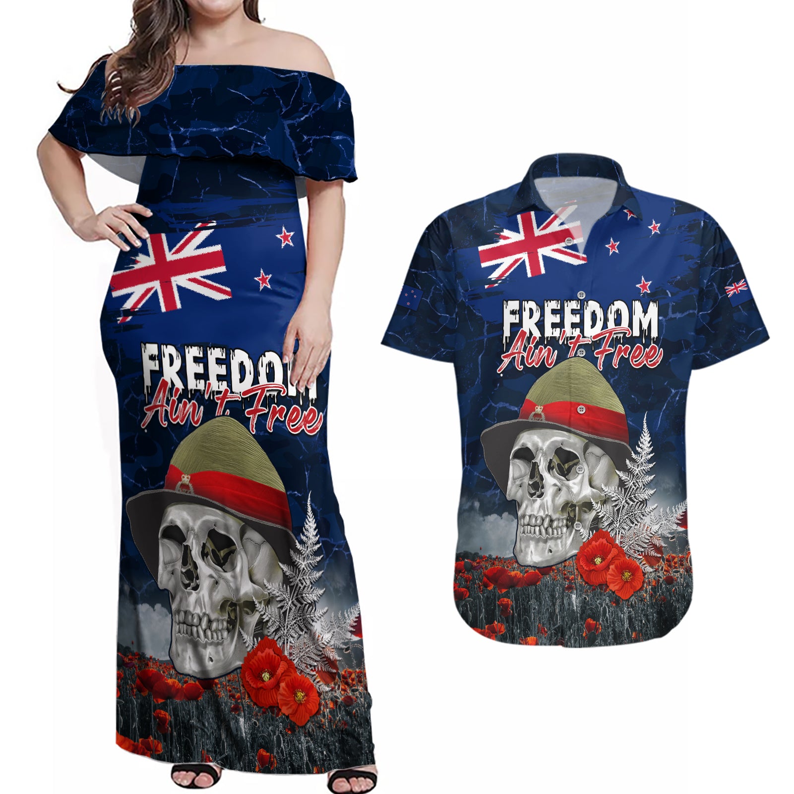 New Zealand ANZAC Day Couples Matching Off Shoulder Maxi Dress and Hawaiian Shirt Freedom Ain't Free LT05 Blue - Polynesian Pride