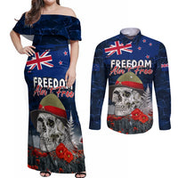 New Zealand ANZAC Day Couples Matching Off Shoulder Maxi Dress and Long Sleeve Button Shirt Freedom Ain't Free LT05 Blue - Polynesian Pride