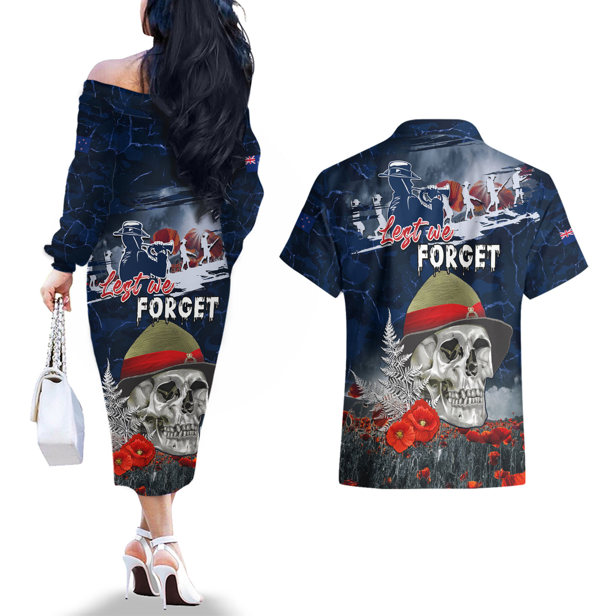 New Zealand ANZAC Day Couples Matching Off The Shoulder Long Sleeve Dress and Hawaiian Shirt Freedom Ain't Free LT05 - Polynesian Pride