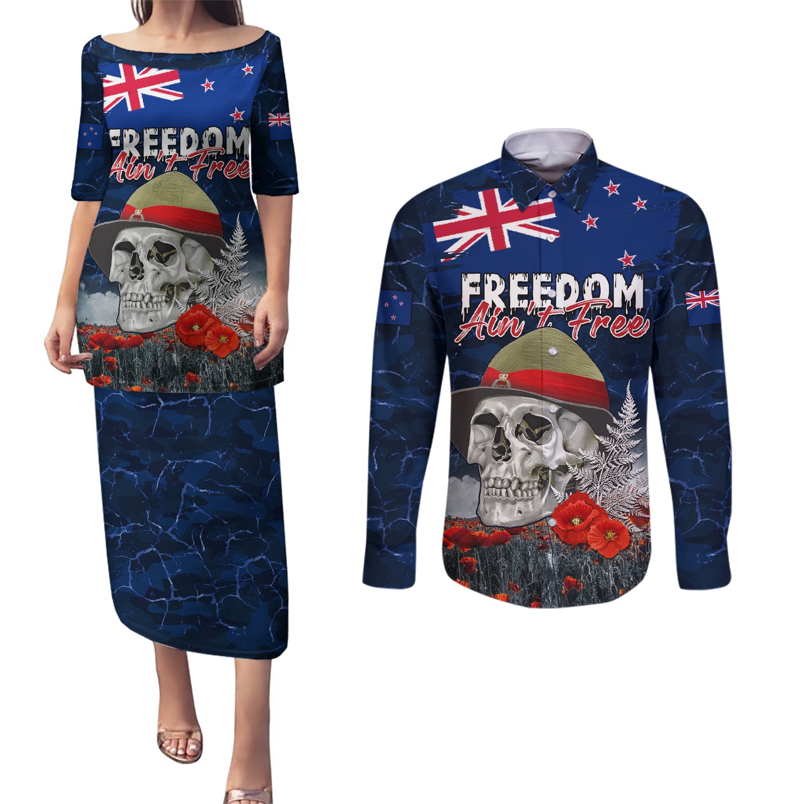 New Zealand ANZAC Day Couples Matching Puletasi and Long Sleeve Button Shirt Freedom Ain't Free LT05 Blue - Polynesian Pride