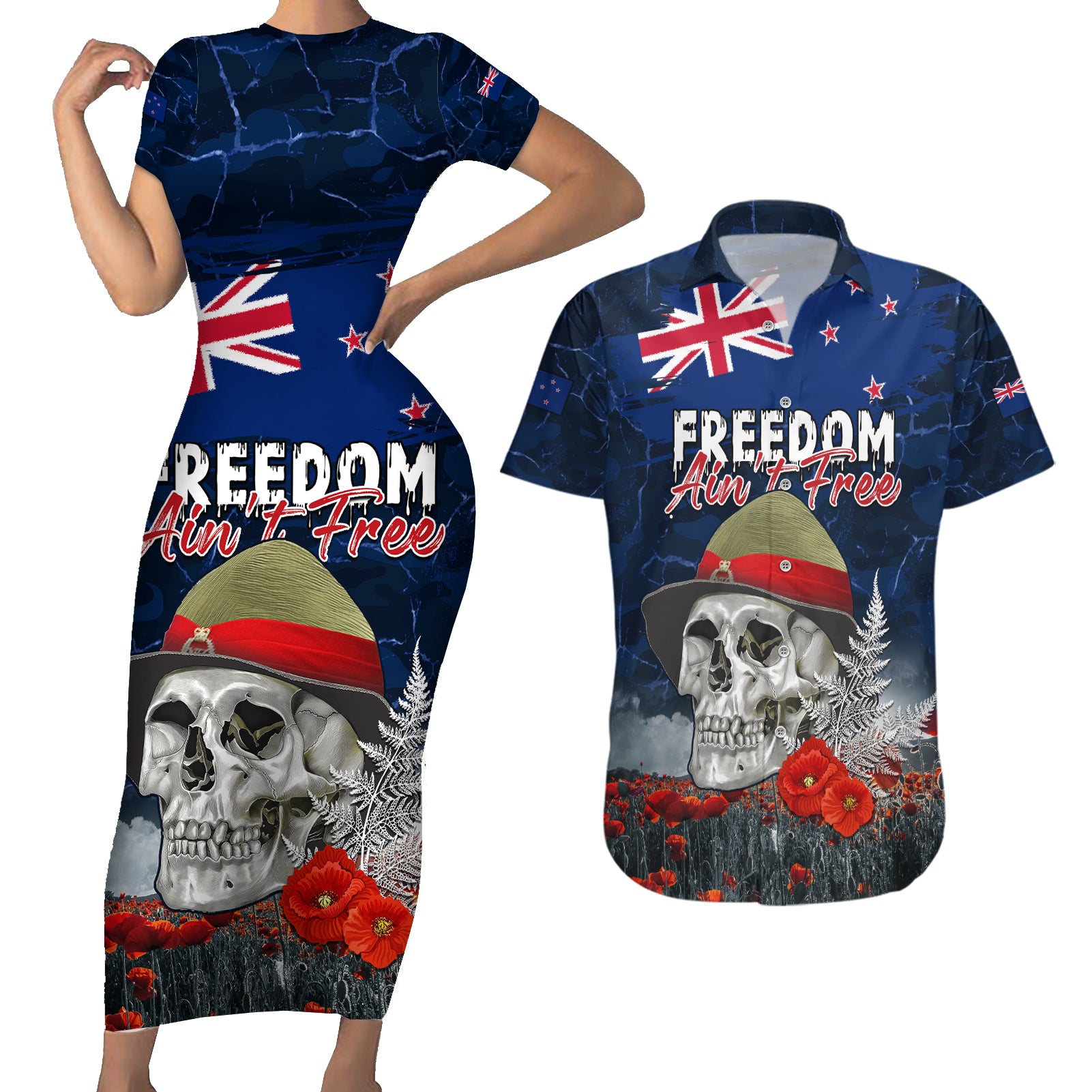 New Zealand ANZAC Day Couples Matching Short Sleeve Bodycon Dress and Hawaiian Shirt Freedom Ain't Free LT05 Blue - Polynesian Pride