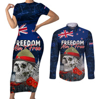 New Zealand ANZAC Day Couples Matching Short Sleeve Bodycon Dress and Long Sleeve Button Shirt Freedom Ain't Free LT05 Blue - Polynesian Pride
