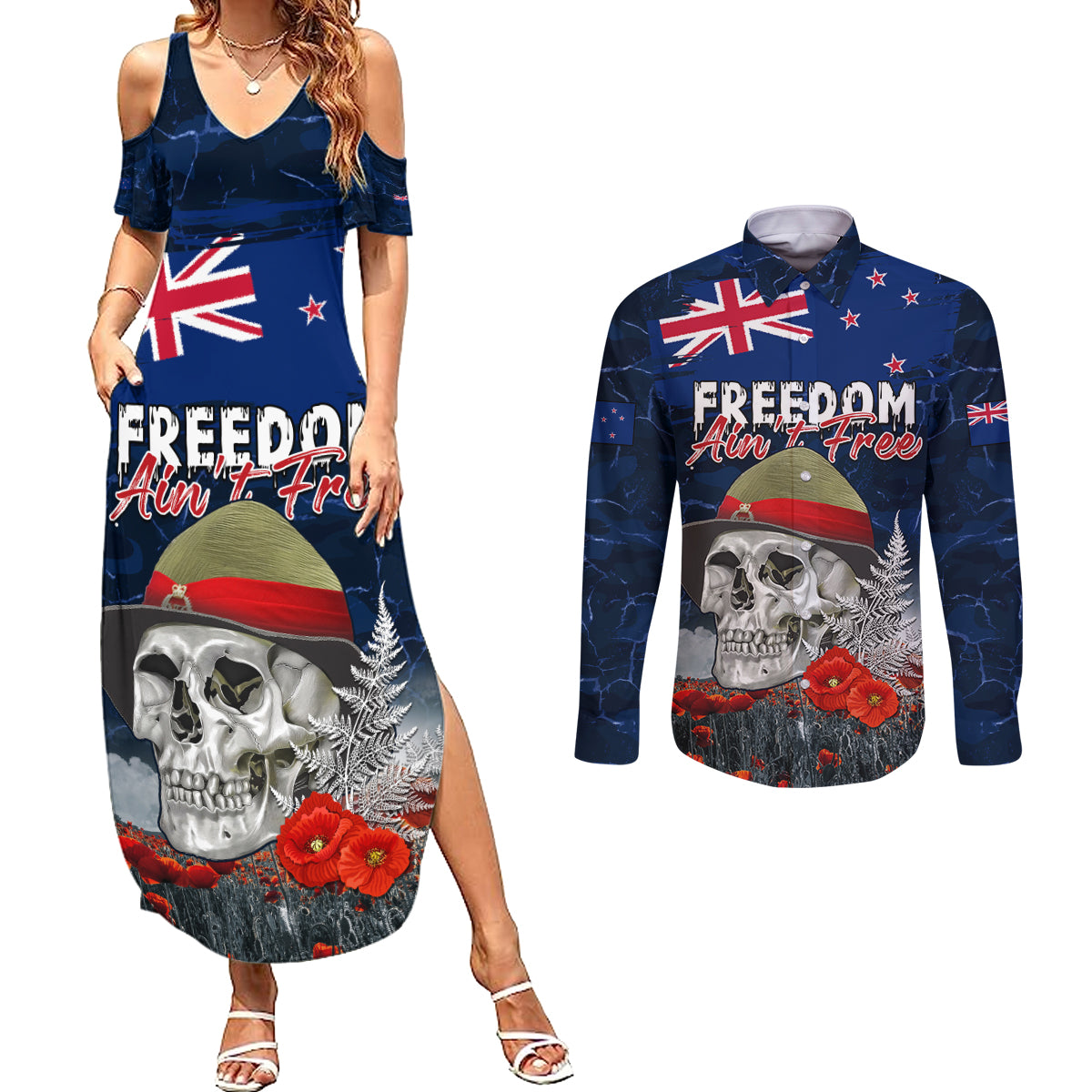 New Zealand ANZAC Day Couples Matching Summer Maxi Dress and Long Sleeve Button Shirt Freedom Ain't Free LT05 Blue - Polynesian Pride