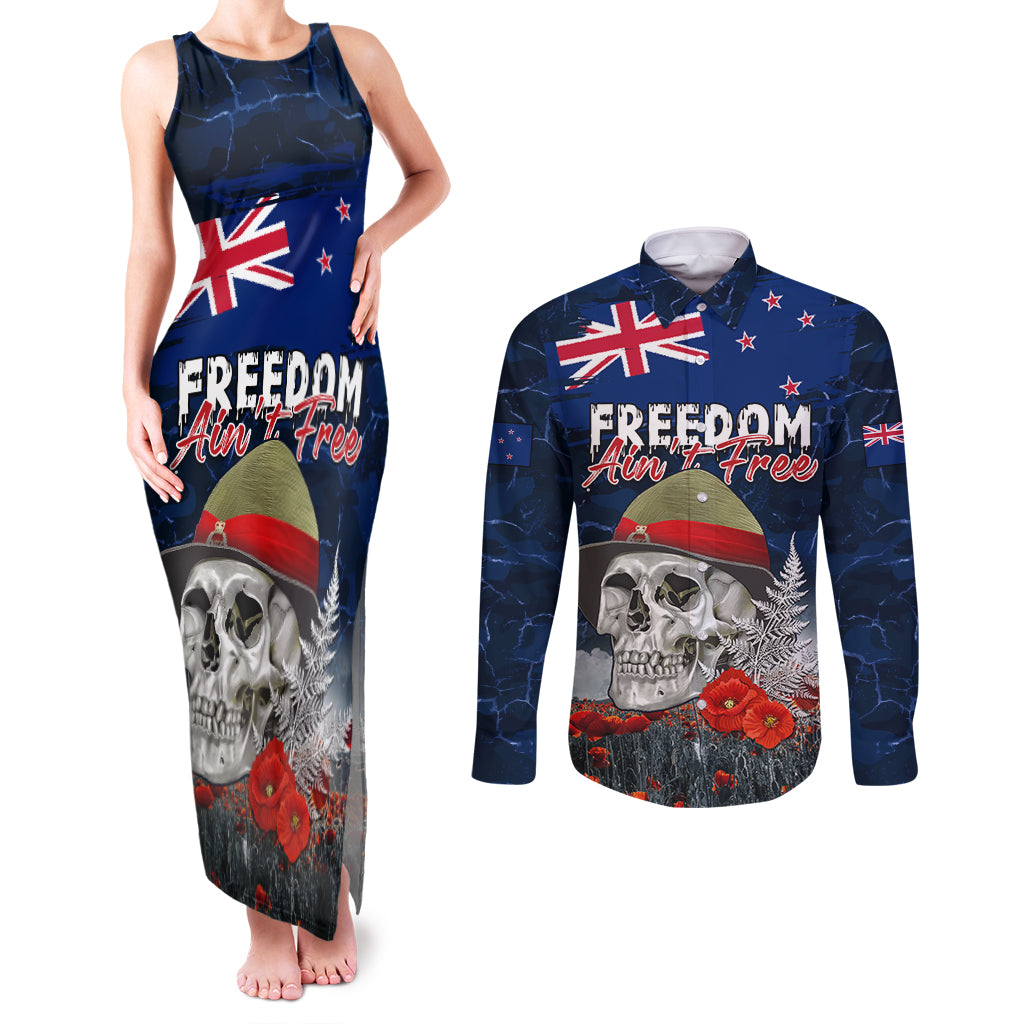 New Zealand ANZAC Day Couples Matching Tank Maxi Dress and Long Sleeve Button Shirt Freedom Ain't Free LT05 Blue - Polynesian Pride