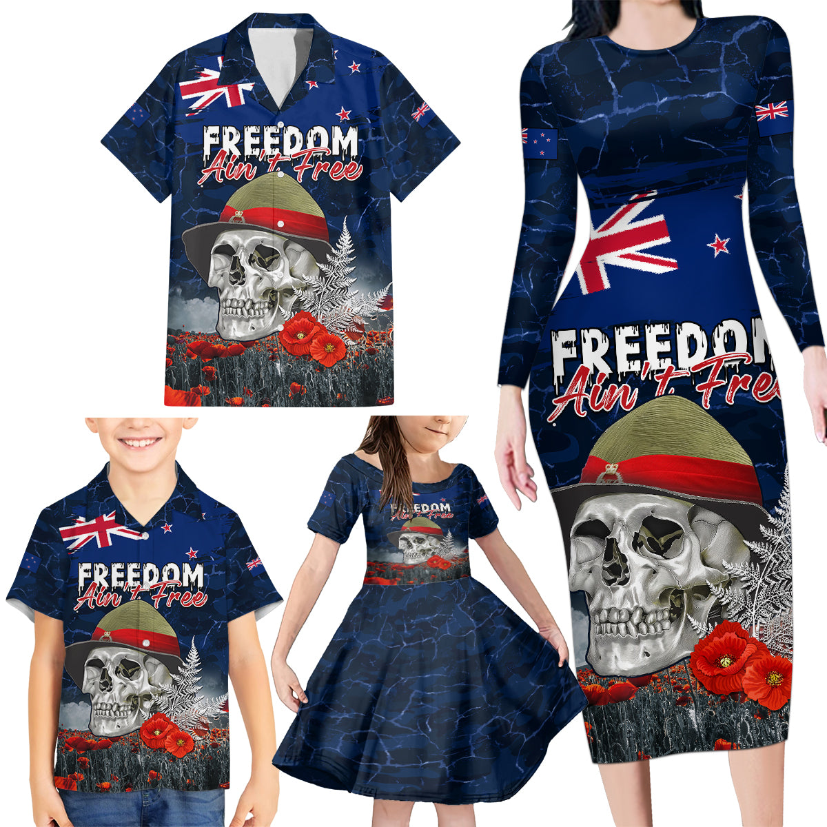 New Zealand ANZAC Day Family Matching Long Sleeve Bodycon Dress and Hawaiian Shirt Freedom Ain't Free LT05 - Polynesian Pride