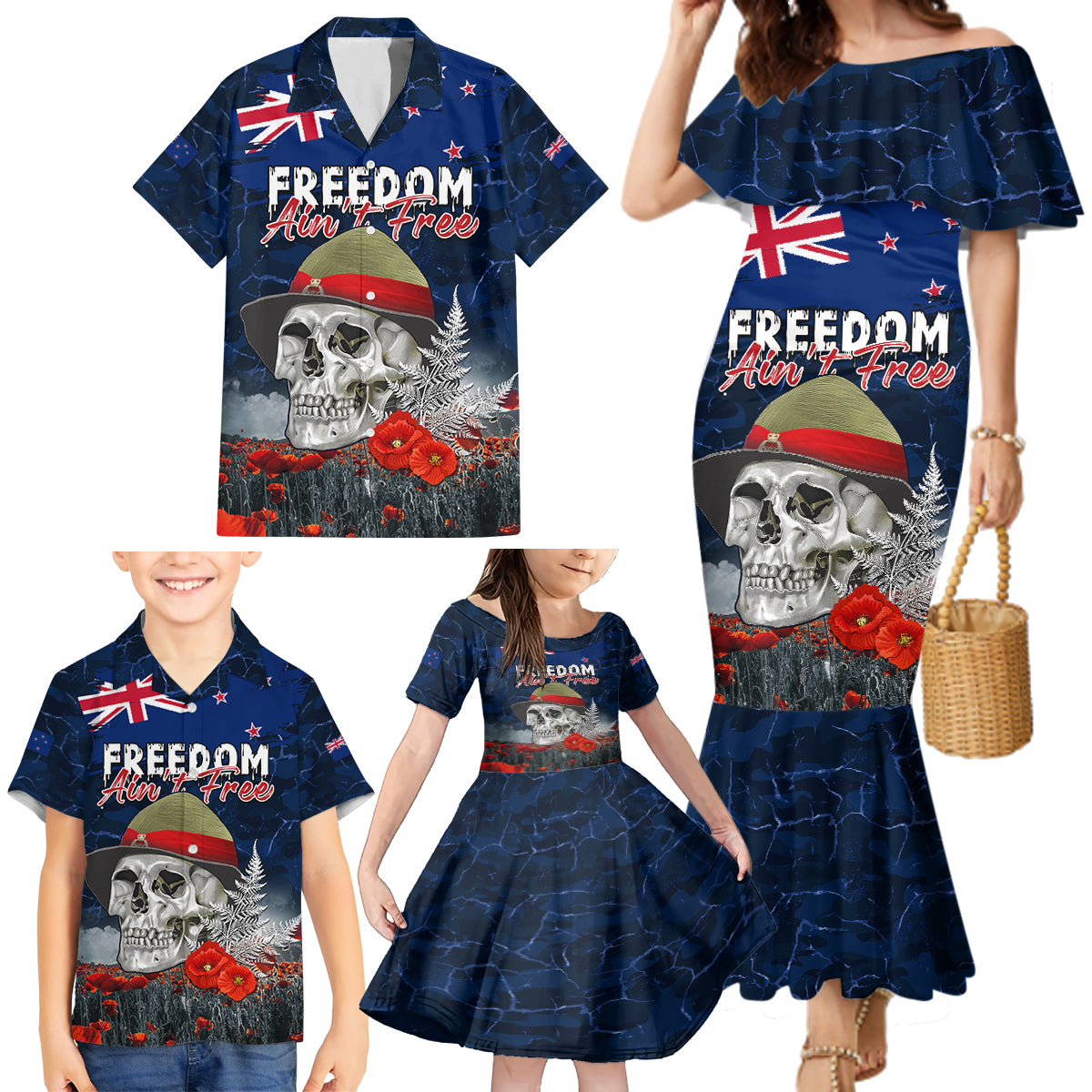 New Zealand ANZAC Day Family Matching Mermaid Dress and Hawaiian Shirt Freedom Ain't Free LT05 - Polynesian Pride