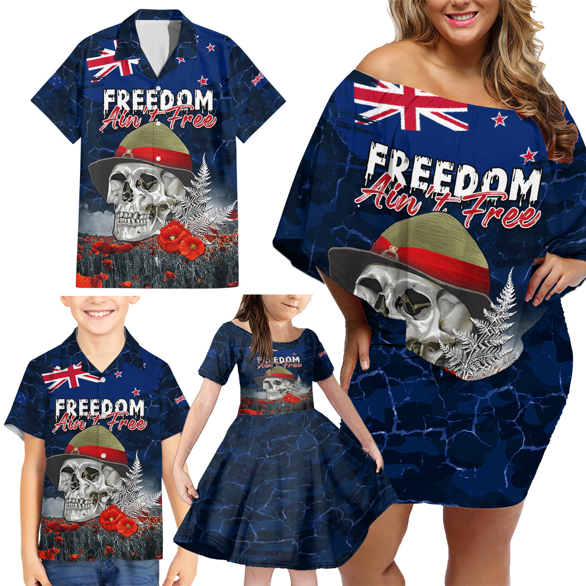 New Zealand ANZAC Day Family Matching Off Shoulder Short Dress and Hawaiian Shirt Freedom Ain't Free LT05 - Polynesian Pride