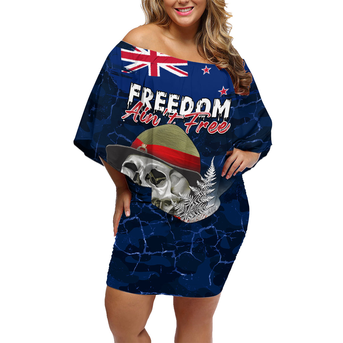 New Zealand ANZAC Day Family Matching Off Shoulder Short Dress and Hawaiian Shirt Freedom Ain't Free LT05 Mom's Dress Blue - Polynesian Pride