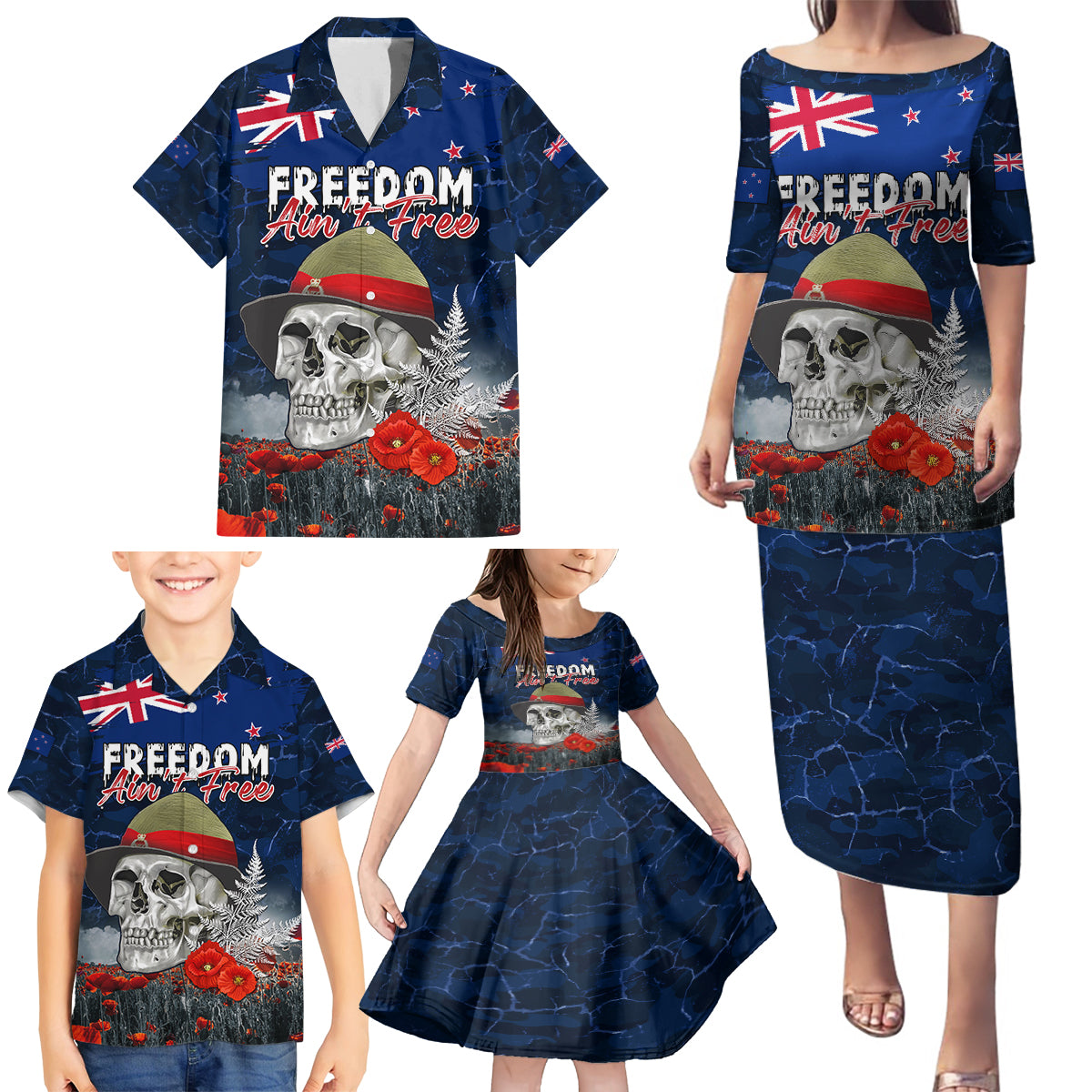 New Zealand ANZAC Day Family Matching Puletasi and Hawaiian Shirt Freedom Ain't Free LT05 - Polynesian Pride