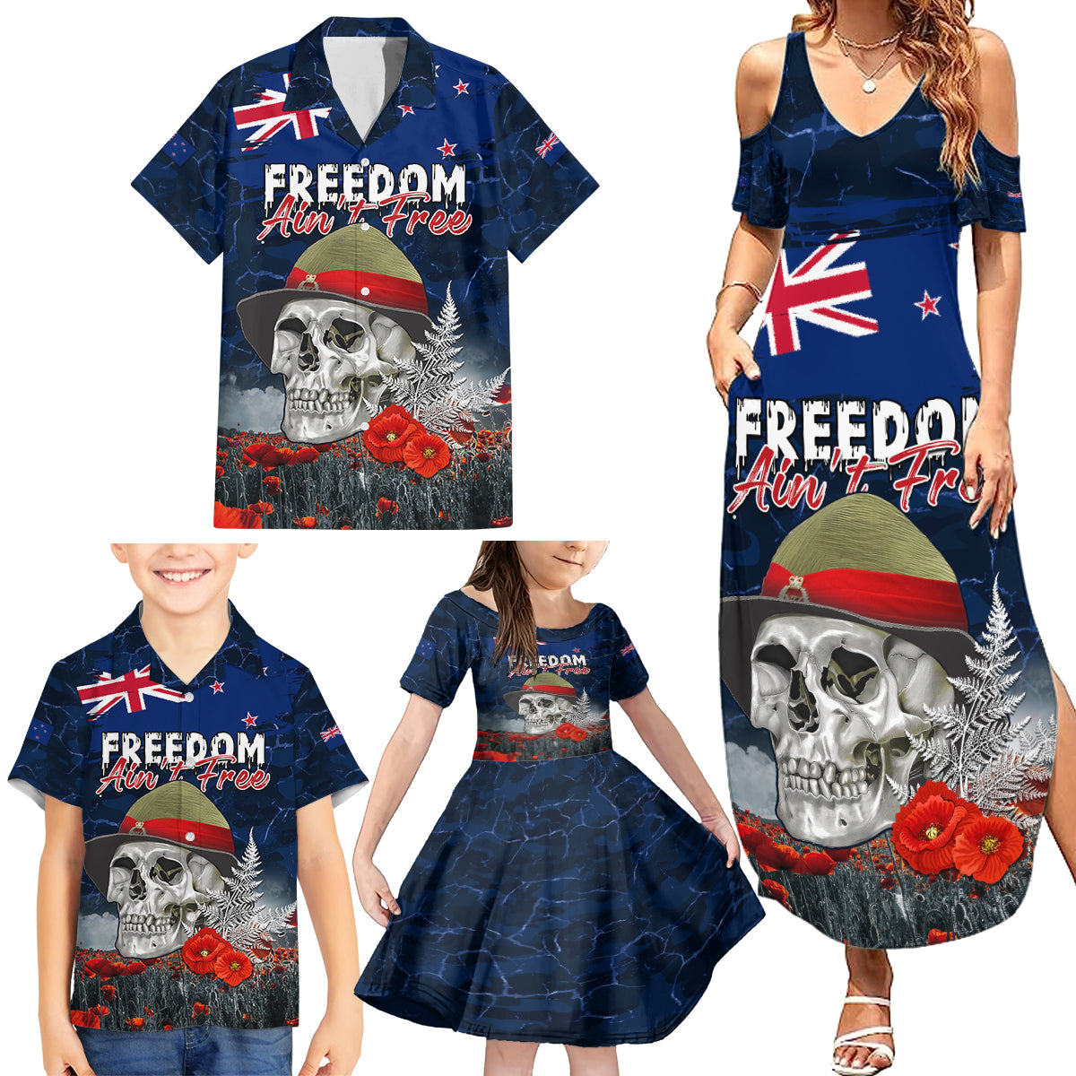 New Zealand ANZAC Day Family Matching Summer Maxi Dress and Hawaiian Shirt Freedom Ain't Free LT05 - Polynesian Pride