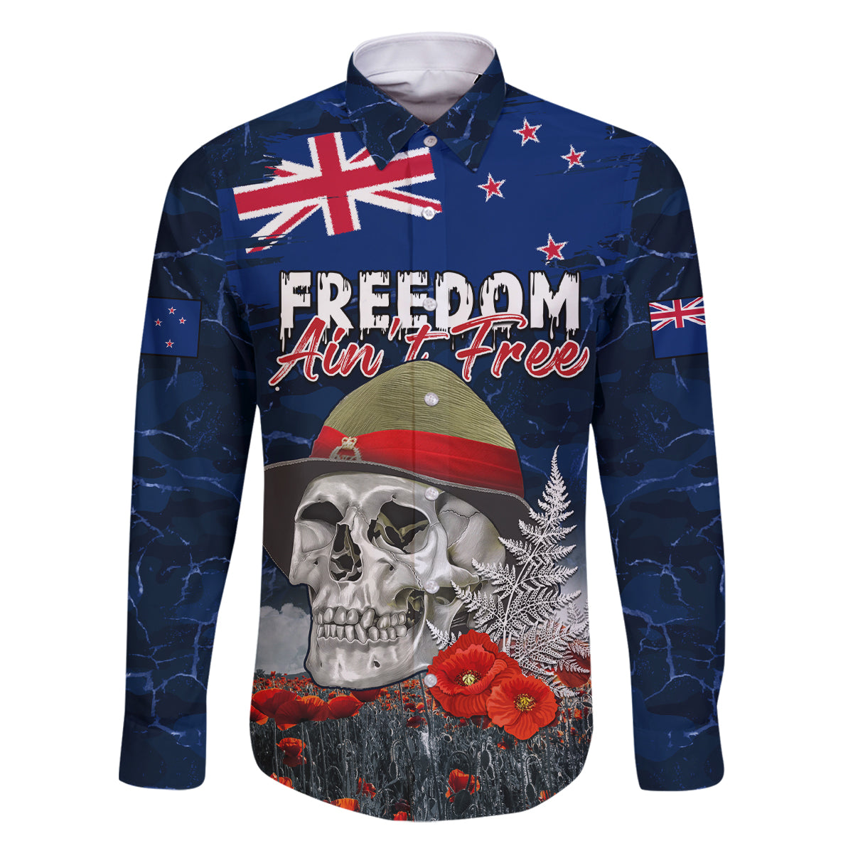 New Zealand ANZAC Day Family Matching Tank Maxi Dress and Hawaiian Shirt Freedom Ain't Free LT05 Dad's Shirt - Long Sleeve Blue - Polynesian Pride