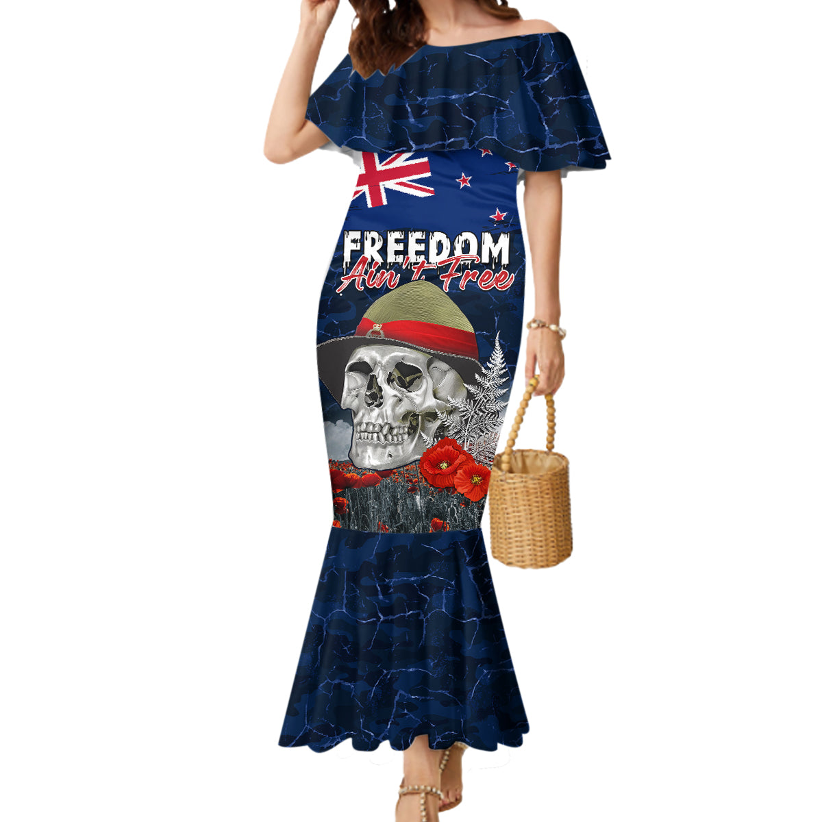 New Zealand ANZAC Day Mermaid Dress Freedom Ain't Free LT05 Women Blue - Polynesian Pride