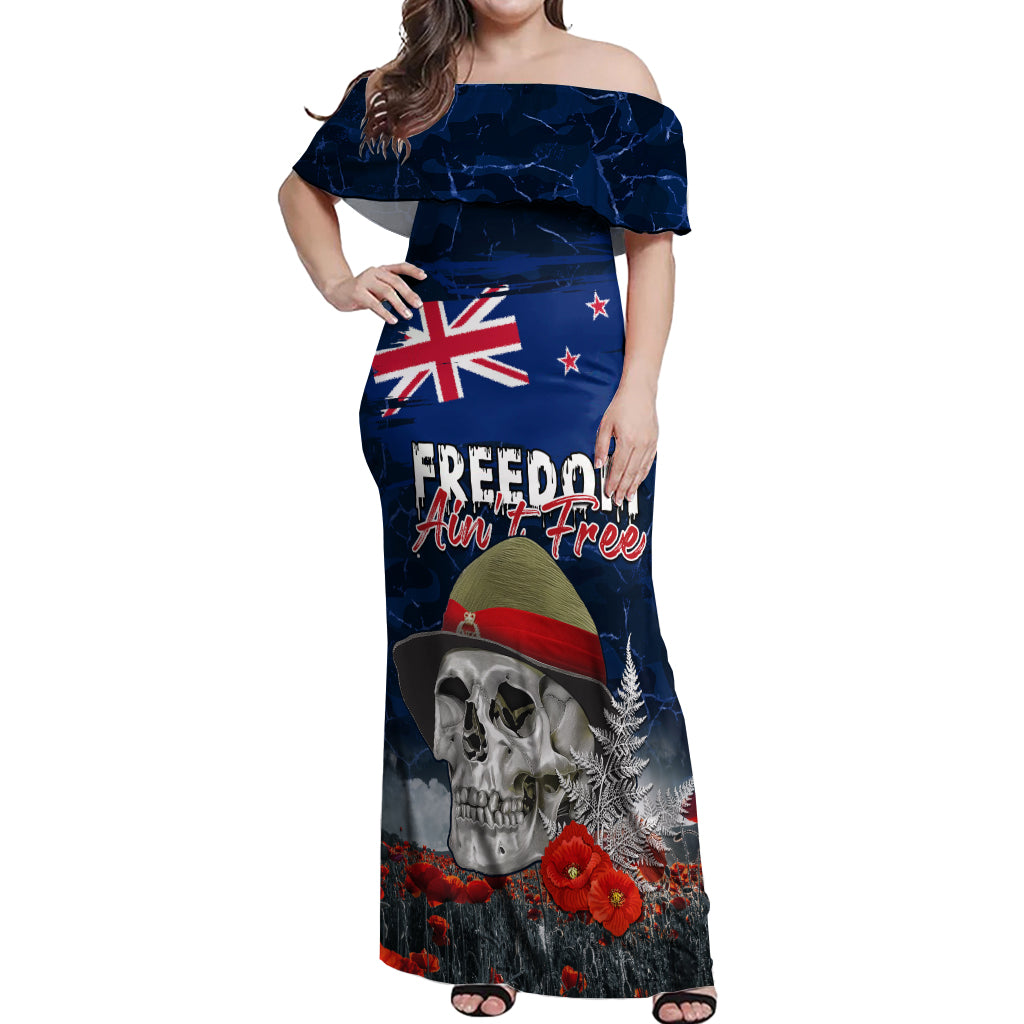 New Zealand ANZAC Day Off Shoulder Maxi Dress Freedom Ain't Free LT05 Women Blue - Polynesian Pride