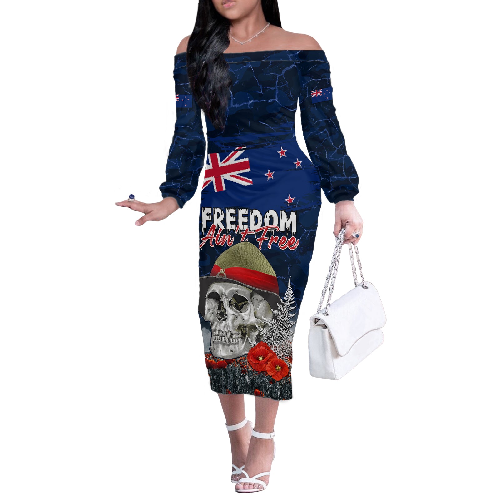 New Zealand ANZAC Day Off The Shoulder Long Sleeve Dress Freedom Ain't Free LT05 Women Blue - Polynesian Pride