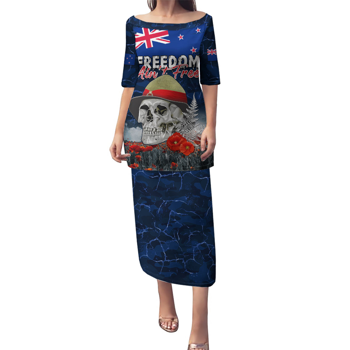 New Zealand ANZAC Day Puletasi Freedom Ain't Free LT05 Long Dress Blue - Polynesian Pride