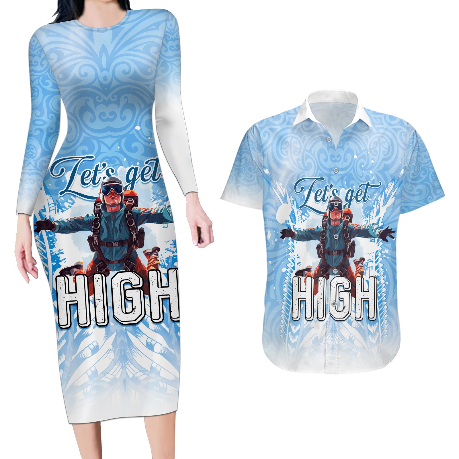 New Zealand Sky Diving Couples Matching Long Sleeve Bodycon Dress and Hawaiian Shirt Lets Get High