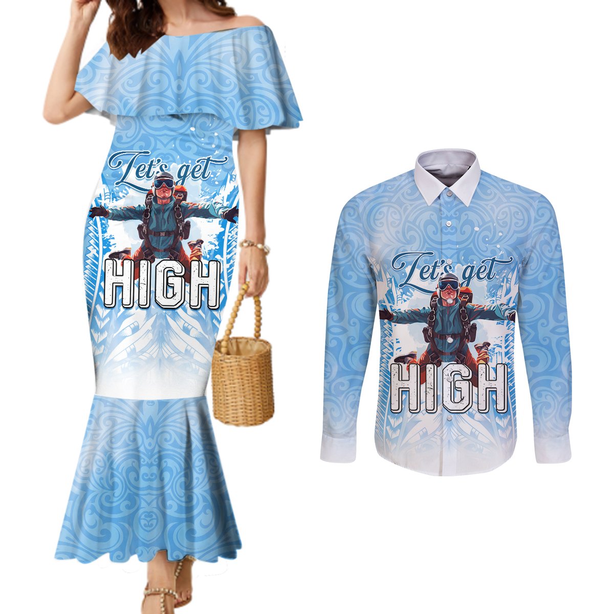 New Zealand Sky Diving Couples Matching Mermaid Dress and Long Sleeve Button Shirt Lets Get High