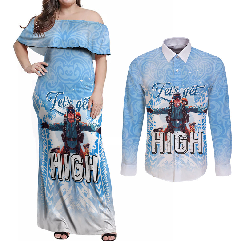 New Zealand Sky Diving Couples Matching Off Shoulder Maxi Dress and Long Sleeve Button Shirt Lets Get High LT05 Blue - Polynesian Pride