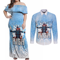 New Zealand Sky Diving Couples Matching Off Shoulder Maxi Dress and Long Sleeve Button Shirt Lets Get High LT05 Blue - Polynesian Pride