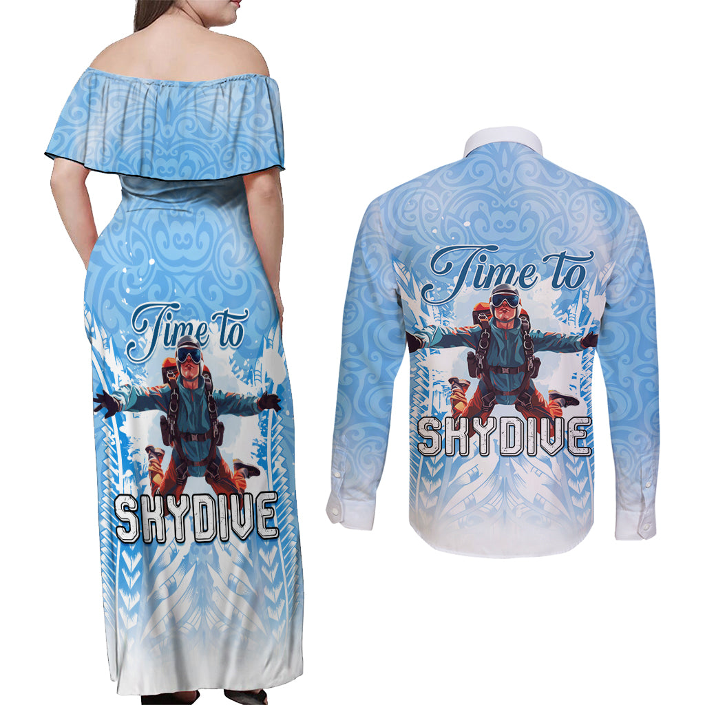 New Zealand Sky Diving Couples Matching Off Shoulder Maxi Dress and Long Sleeve Button Shirt Lets Get High LT05 - Polynesian Pride