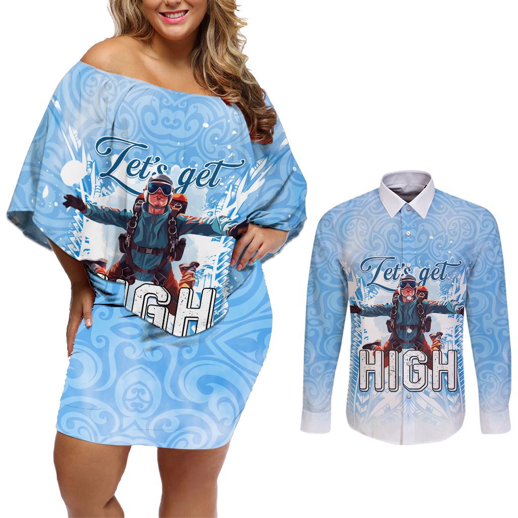 New Zealand Sky Diving Couples Matching Off Shoulder Short Dress and Long Sleeve Button Shirt Lets Get High LT05 Blue - Polynesian Pride