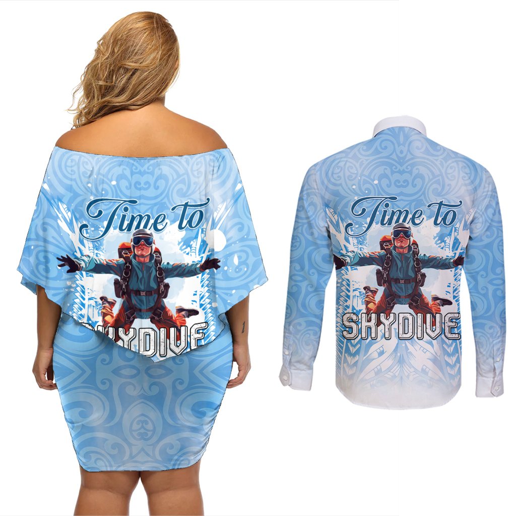 New Zealand Sky Diving Couples Matching Off Shoulder Short Dress and Long Sleeve Button Shirt Lets Get High LT05 - Polynesian Pride