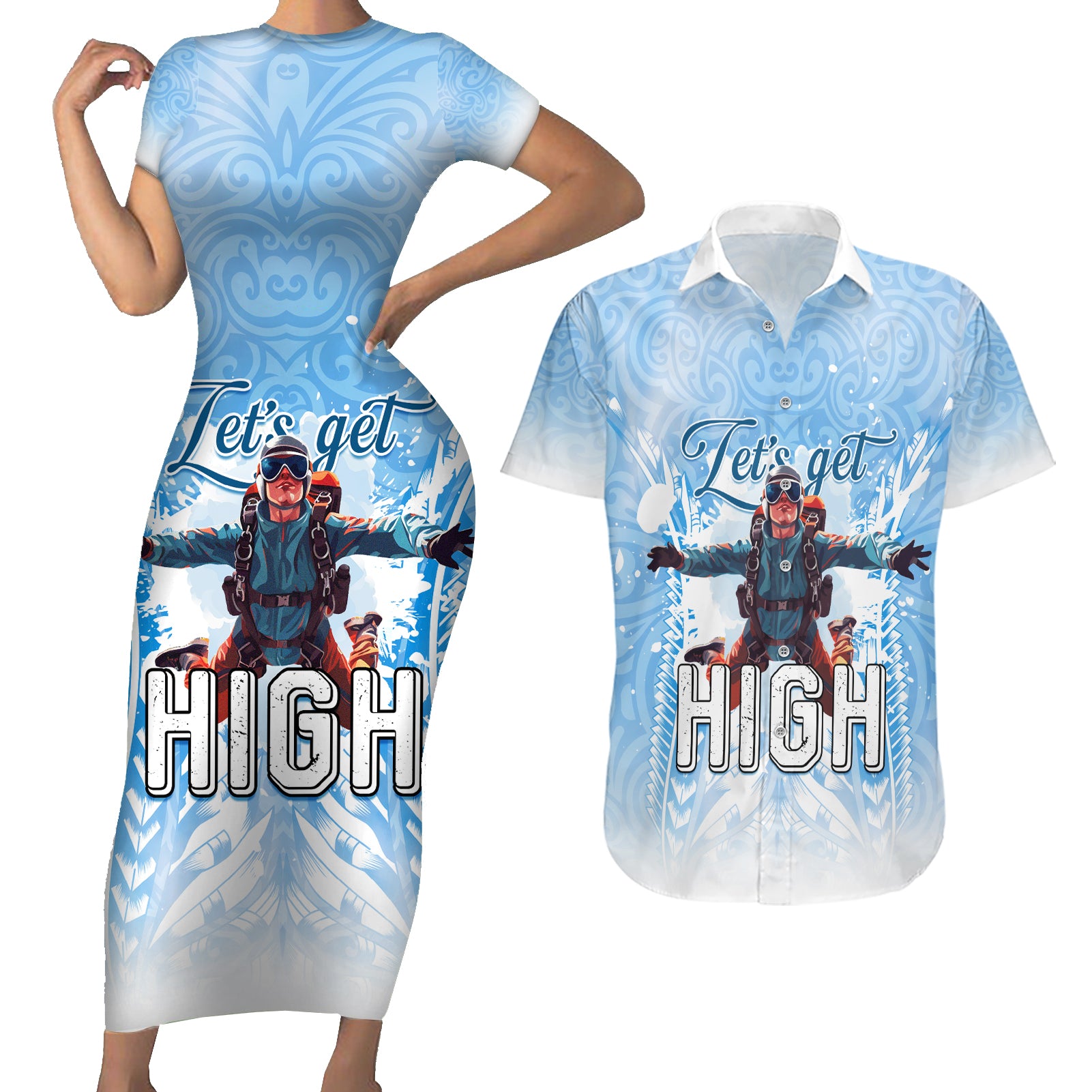 New Zealand Sky Diving Couples Matching Short Sleeve Bodycon Dress and Hawaiian Shirt Lets Get High