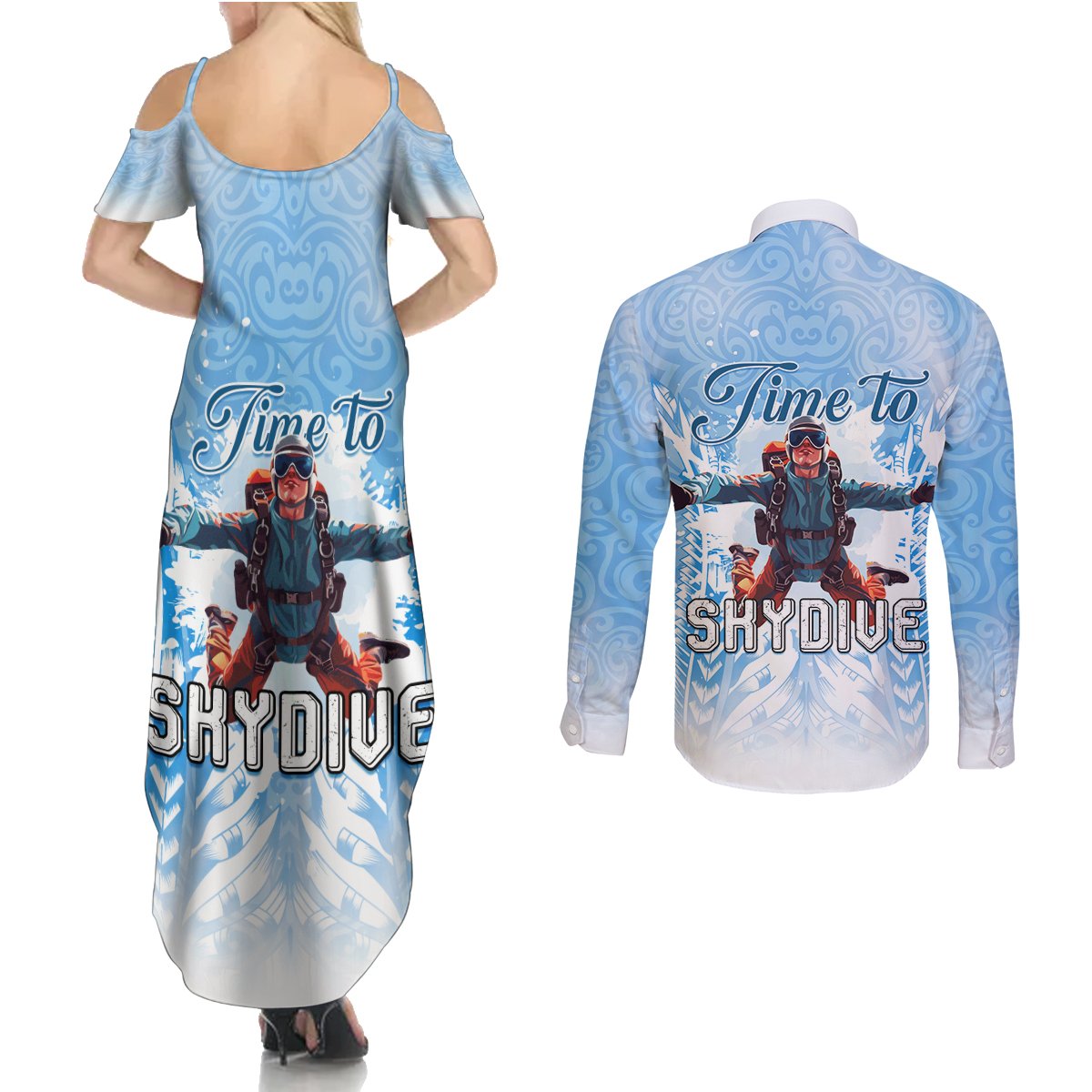 New Zealand Sky Diving Couples Matching Summer Maxi Dress and Long Sleeve Button Shirt Lets Get High LT05 - Polynesian Pride