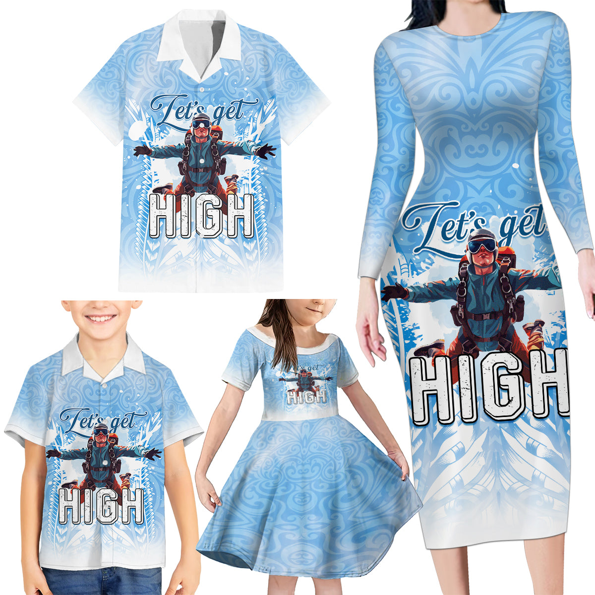 New Zealand Sky Diving Family Matching Long Sleeve Bodycon Dress and Hawaiian Shirt Lets Get High