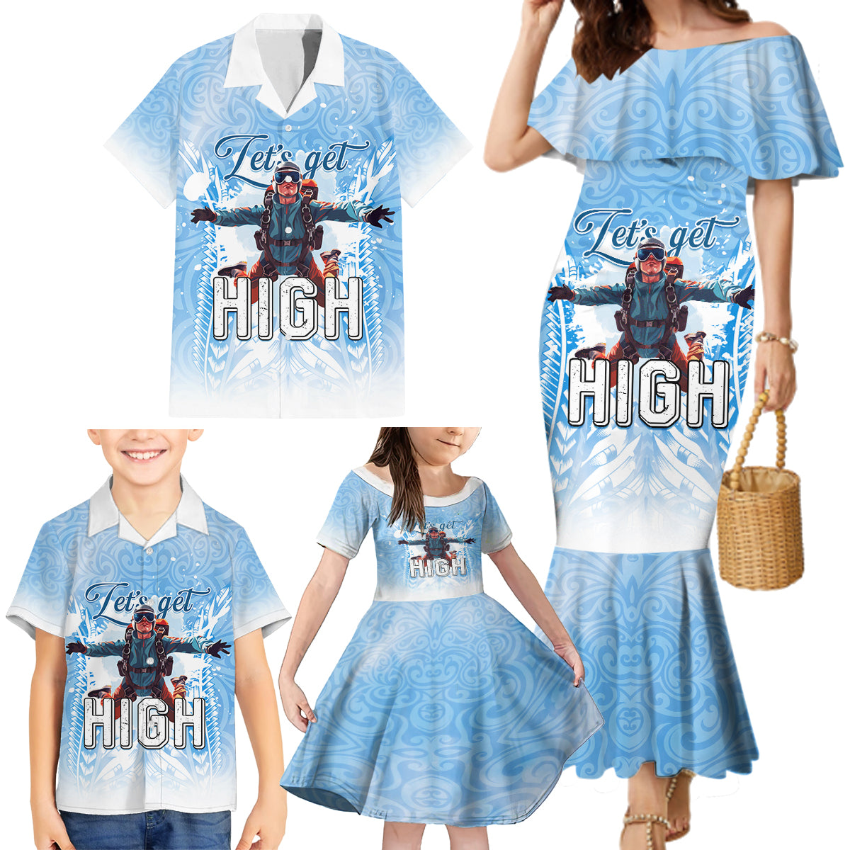 New Zealand Sky Diving Family Matching Mermaid Dress and Hawaiian Shirt Lets Get High