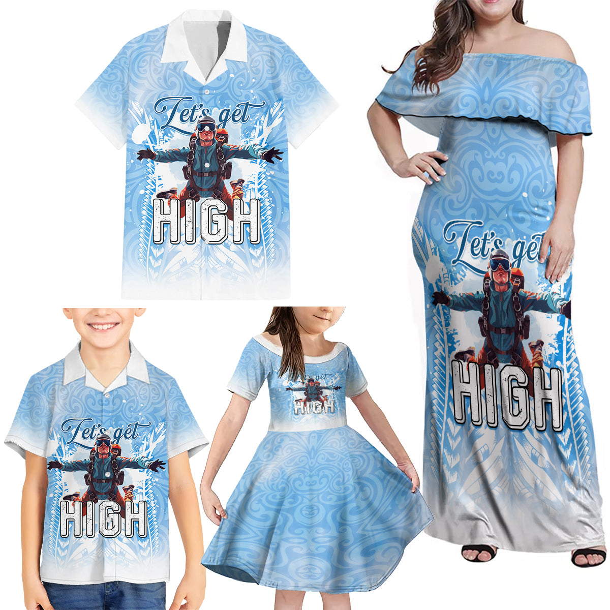 New Zealand Sky Diving Family Matching Off Shoulder Maxi Dress and Hawaiian Shirt Lets Get High