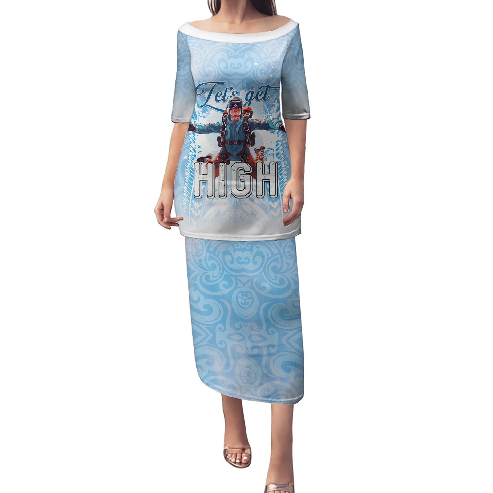 New Zealand Sky Diving Puletasi Lets Get High LT05 Long Dress Blue - Polynesian Pride