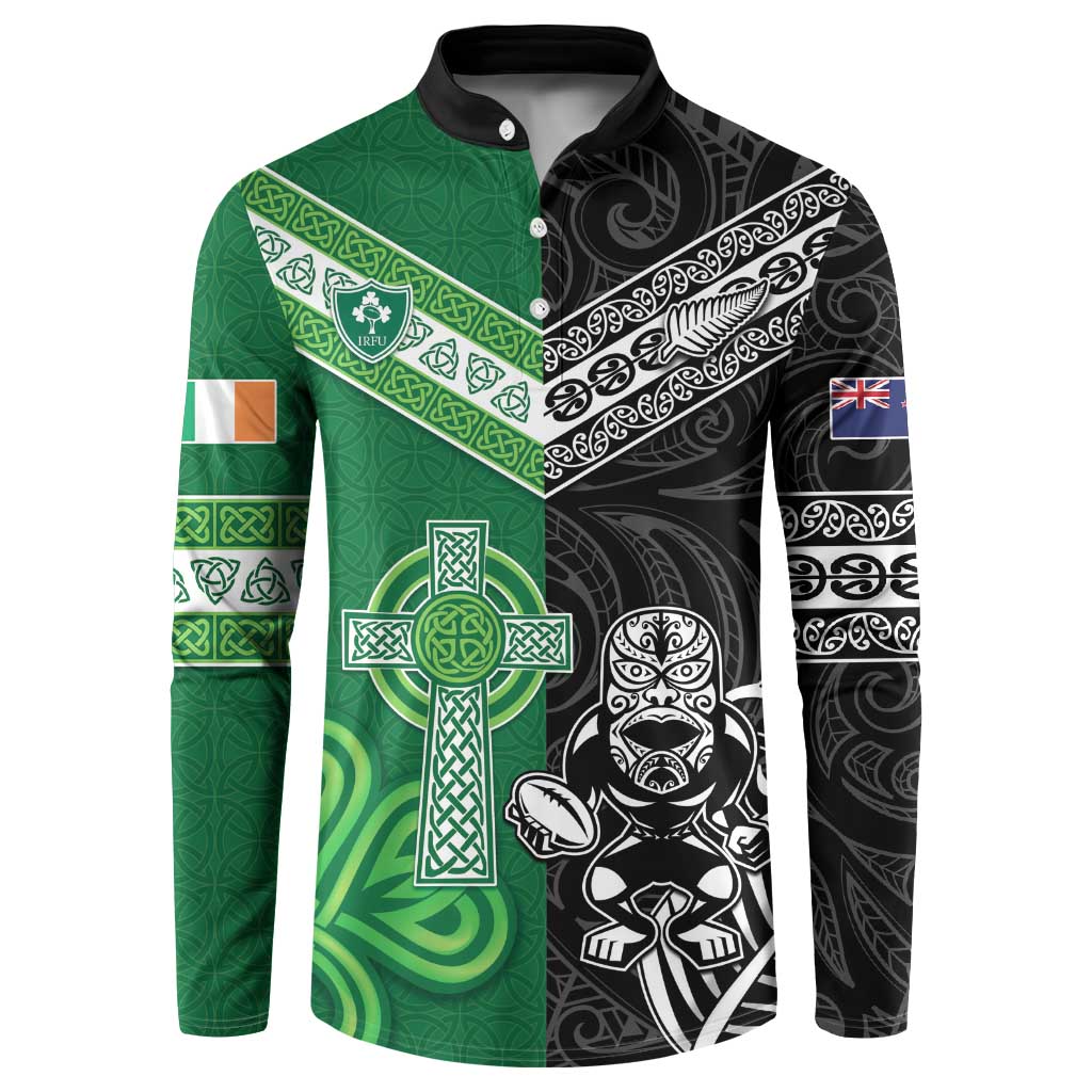New Zealand And Ireland Rugby Custom Button Sweatshirt Maori Tiki With Shamrock