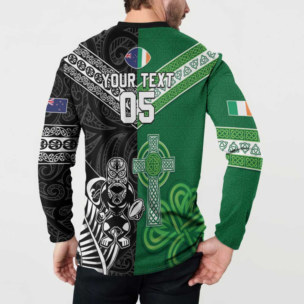 New Zealand And Ireland Rugby Custom Button Sweatshirt Maori Tiki With Shamrock