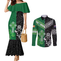 New Zealand And Ireland Rugby Custom Couples Matching Mermaid Dress and Long Sleeve Button Shirt Maori Tiki With Shamrock