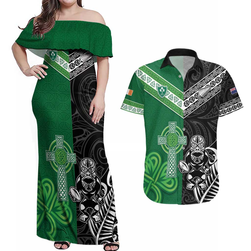 New Zealand And Ireland Rugby Custom Couples Matching Off Shoulder Maxi Dress and Hawaiian Shirt Maori Tiki With Shamrock