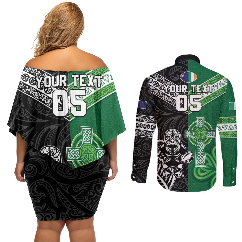 New Zealand And Ireland Rugby Custom Couples Matching Off Shoulder Short Dress and Long Sleeve Button Shirt Maori Tiki With Shamrock