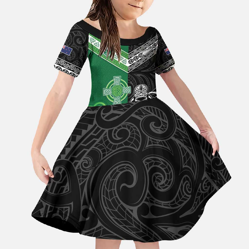 New Zealand And Ireland Rugby Custom Family Matching Off Shoulder Maxi Dress and Hawaiian Shirt Maori Tiki With Shamrock