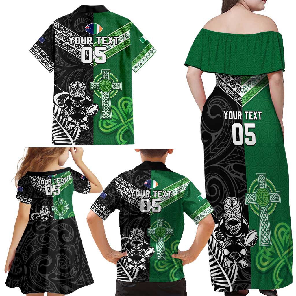 New Zealand And Ireland Rugby Custom Family Matching Off Shoulder Maxi Dress and Hawaiian Shirt Maori Tiki With Shamrock