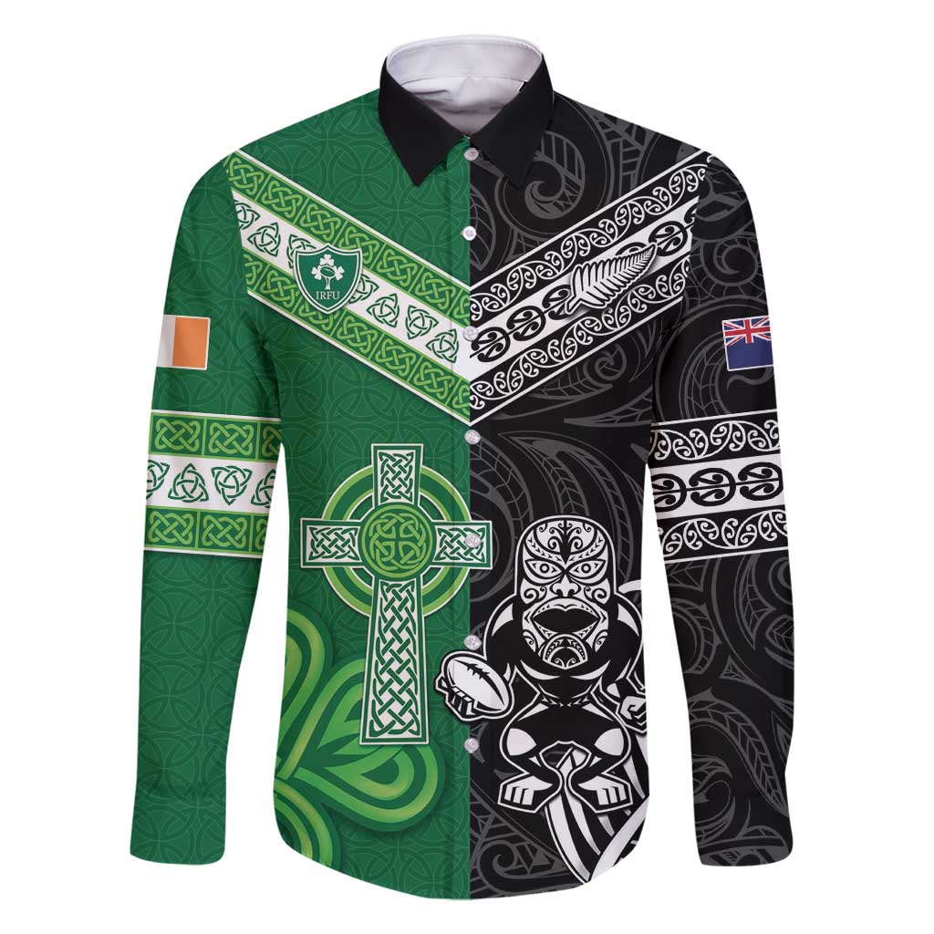 New Zealand And Ireland Rugby Custom Family Matching Off Shoulder Short Dress and Hawaiian Shirt Maori Tiki With Shamrock