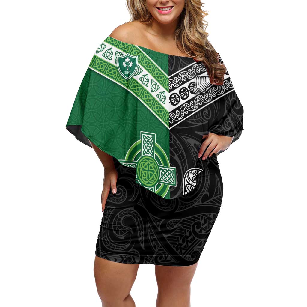 New Zealand And Ireland Rugby Custom Family Matching Off Shoulder Short Dress and Hawaiian Shirt Maori Tiki With Shamrock